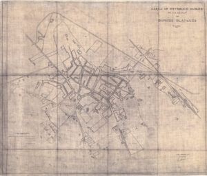 Xarxa de distribució d'aigües de la ciutat de les Borges Blanques. Plànol a escala 1:2000. Lleida, desembre de 1931.