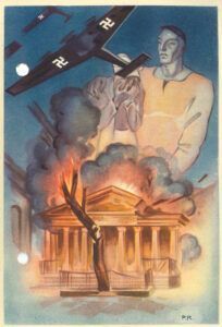 Postal amb una il·lustració del bombardeig de la ciutat de Gernika, editada pel Govern Basc