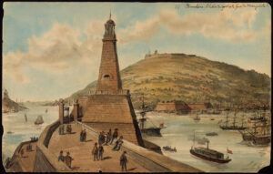 Àlbum de dibuixos d'EMILE BOISSELIER. Barcelona. L'entrada del port i el castell de Montjuïc