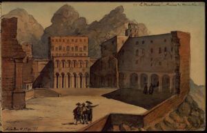 Àlbum de dibuixos d'EMILE BOISSELIER. Montserrat. Ruïnes del monestir.