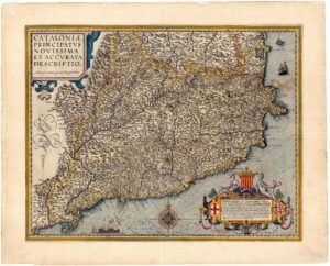 Mapa de Catalunya acolorit. Publicat a "Theatrum Orbis Terrarum" d' Abraham Ortelius