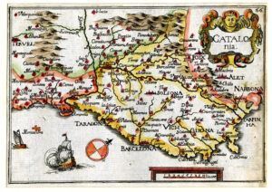 CATALO/ nia. Mapa de Catalunya acolorit, amb l'orientació molt decantada cap a la part inferior. Forma part de la "Carte Generalle de la geographie royale".