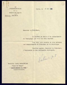 Carta del president de la República francesa Charles De Gaulle al president de la Generalitat Josep Tarradellas i Joan