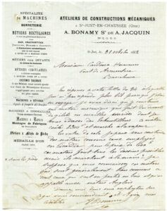Carta de A. Bonamy Successeur de A. Jacquin (Saint-Just-en-Chaussée) a la firma Cardona Hermanos (establerta al Pont d’Armentera), el 31/10/1882