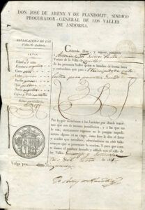 Passaport emès pel Síndic Procurador de les Valls d’Andorra a un pagès per anar al Principat de Catalunya per péixer el seu ramat el 1831
