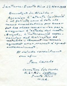 Carta manuscrita de Pau Casals, escrita des de San Turce (Puerto Rico), adreçada a Jaume Bofill Queraltó, alcalde del Vendrell. 22-11-1958.