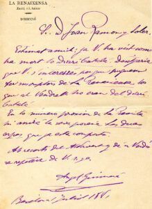 Carta d’Àngel Guimerà a Joan Ramon i Soler. Barcelona, 1 de juliol de 1881.