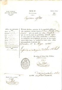 Llicència d'armes concedida a Joan Vilella, de Brocà, per part de les autoritats militars amb indicació de les senyes de la persona