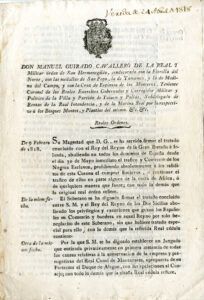 Vereda oficial de Manuel Guirado, corregidor de Talarn, sobre l'acord amb el Regne Unit de Gran Bretanya per la prohibició del comerç d'esclaus i altres normatives