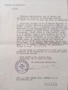 Carta del Bisbat a Mn. Josep Cardús, sacerdot de Marata (Vallès Oriental) en el qual se li comunica que ha de comparèixer davant la Justícia Militar segurament per activitats polítiques clandestines.