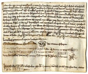 Donació d’un alou situat a Santa Maria de Folgueroles i Santa Maria de Caller que atorguen Eruig, cavaller, i la seva dona Bonadona a la batllia i al bisbe de la Seu de Vic.