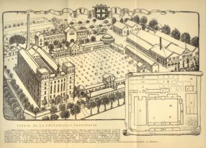 Dibuix del recinte de la Universitat Industrial, reproduït dins: “L'obra realitzada: anys 1914-1923. Mancomunitat de Catalunya”, 1923. Biblioteca de Reserva de la Diputació de Barcelona i Centre de Documentació de l’Arxiu General
