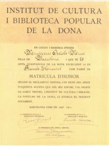 Diploma de l'Institut de Cultura i Biblioteca Popular de la Dona Atorgat a Montserrat Orriols Munt per l'assignatura Francès Elemental. Signat per Rosa Sensat i Francesca Bonnemaison.