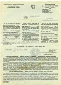 La Federació Suïssa reclama al músic Robert Gerhard el pagament de la taxa d’exempció del servei militar, el 6/04/1934, sota pena de sanció
