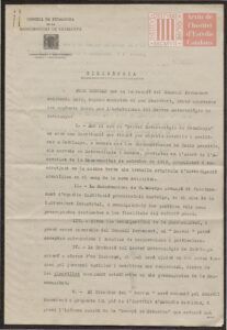 Diligència on s'enumeren les bases aprovades pel consell de la Mancomunitat per les quals s'ha de regir el Servei Meteorològic de Catalunya