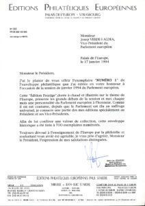 Carta de l'empresa "Editions Philatéliques Européenes" presentant l'edició especial d'un sobre dedicat a la Vicepresidència de  Josep Verde al Parlament Europeu