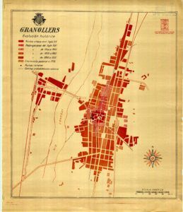 Plànol de Granollers de l'evolució històrica urbanística de la ciutat, des del segle XV fins el 1936, de l'editorial Alpina.