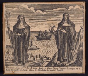 Positiu d’una planxa calcogràfica del monestir de Santa Clara de Barcelona amb les representació de la llegenda de les dues santes fundadores.