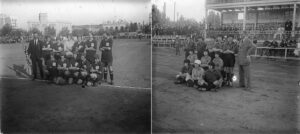 Equips de futbol femení de l'Stoke i de Les Sportives al camp de F.C.Barcelona, el 1923.