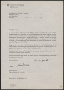 Expedient de guardonada amb la Medalla del president Macià a Montserrat Carulla Ventura (1999)