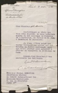 Carta de Camille Chautemps, secretari del Ministeri d'Afers estrangers a França, a Michel Lheritier, secretari general del Comité International des Sciences Historiques.