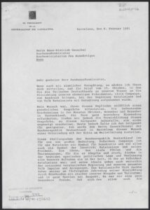 Missatge del ministre federal d’afers estrangers del Govern alemany al president Jordi Pujol reconeixent la participació d’Alemanya en l’execució del president Companys