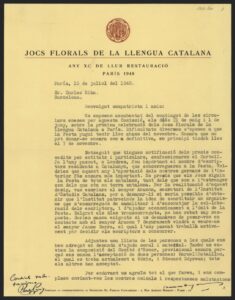 Carta rebuda per Carles Riba de l'organització dels Jocs Florals de la Llengua Catalana celebrats a París (16.07.1948)