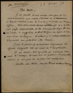 Carta de Marià Rubió i Tudurí a Anatole de Monzie sobre l'enviament d'un informe de Rubió com a president de la "Union Catalane pour la S.D.N" al Foreign Office i una mediació europea en la guerra civil espanyola (28.05.1938)
