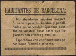 Full volander llançat sobre Barcelona a les vigílies de l'ocupació franquista el 26 de gener de 1939 en què s'exhorta als barcelonins a no abandonar la ciutat ni els seus domicilis (01.1939)