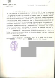 Rapport d'admission à l'hôpital de Gabriel Rodrigo Knafo, 19 ans, décédé lors des manifestations de Tarragone le 6 mars 1976.