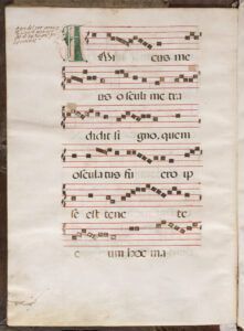 Pàgina de l’antifonari dels segle XVI del monestir de Sant Pere de les Puel·les amb indicacions sobre el cant i la intervenció de les monges cantores