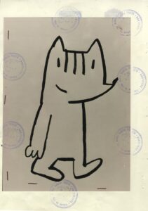 Dessin du « chien Juli » par le designer Francisco Javier Errando Mariscal. Proposition gagnante du concours pour choisir la mascotte des Jeux olympiques de Barcelone 1992.