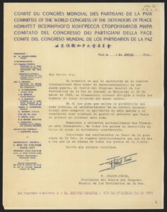 Petició d'adhesió al Congrés Mundial de Partidaris de la Pau (18.07.1950).