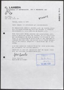 Lambda, giornale di controcultura per il movimento gay. Carta de la redacció de la revista per la qual sol·liciten que una carta adreçada al moviment gai internacional es publiqui a la revista del Front d'Alliberament Gai de Catalunya (1980).