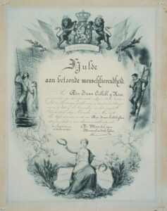 Diplôme de remise de la médaille d'argent pour le sauvetage de l'équipage du navire hollandais Cornelia réalisé par Joan Cullell Roca, capitaine du navire Martí Codolar