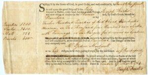 Contrat d'affrètement pour le transport de marchandises de Londres à Barcelone, à bord du navire Ruby, et connaissement selon lequel le capitaine Joseph Forster a payé la livraison de la cargaison de blé à Isidre Martorell, 17/03/1764-4/06/1764