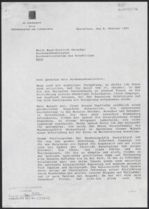 Message du ministre fédéral des Affaires étrangères du gouvernement allemand au président Jordi Pujol reconnaissant la participation de l'Allemagne à l'exécution du président Companys