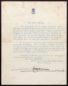 Lettres invitant Pau Casals à faire partie du jury du concours pour la création d'une nouvelle version de l'hymne olympique, signées par le prince Pierre de Monaco et le chancelier du CIO, le Suisse Otto Mayer (1954). Au sein du Comité international olympique. Membre du jury du concours pour la création d'une nouvelle version de l'hymne olympique.
