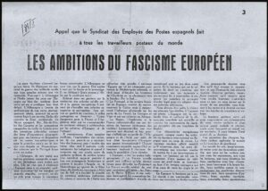 "Les ambitions du fascisme européen. Appel que le Syndicat des Employés des Postes espagnols fait à tous les travailleurs postaux du monde" (1937)