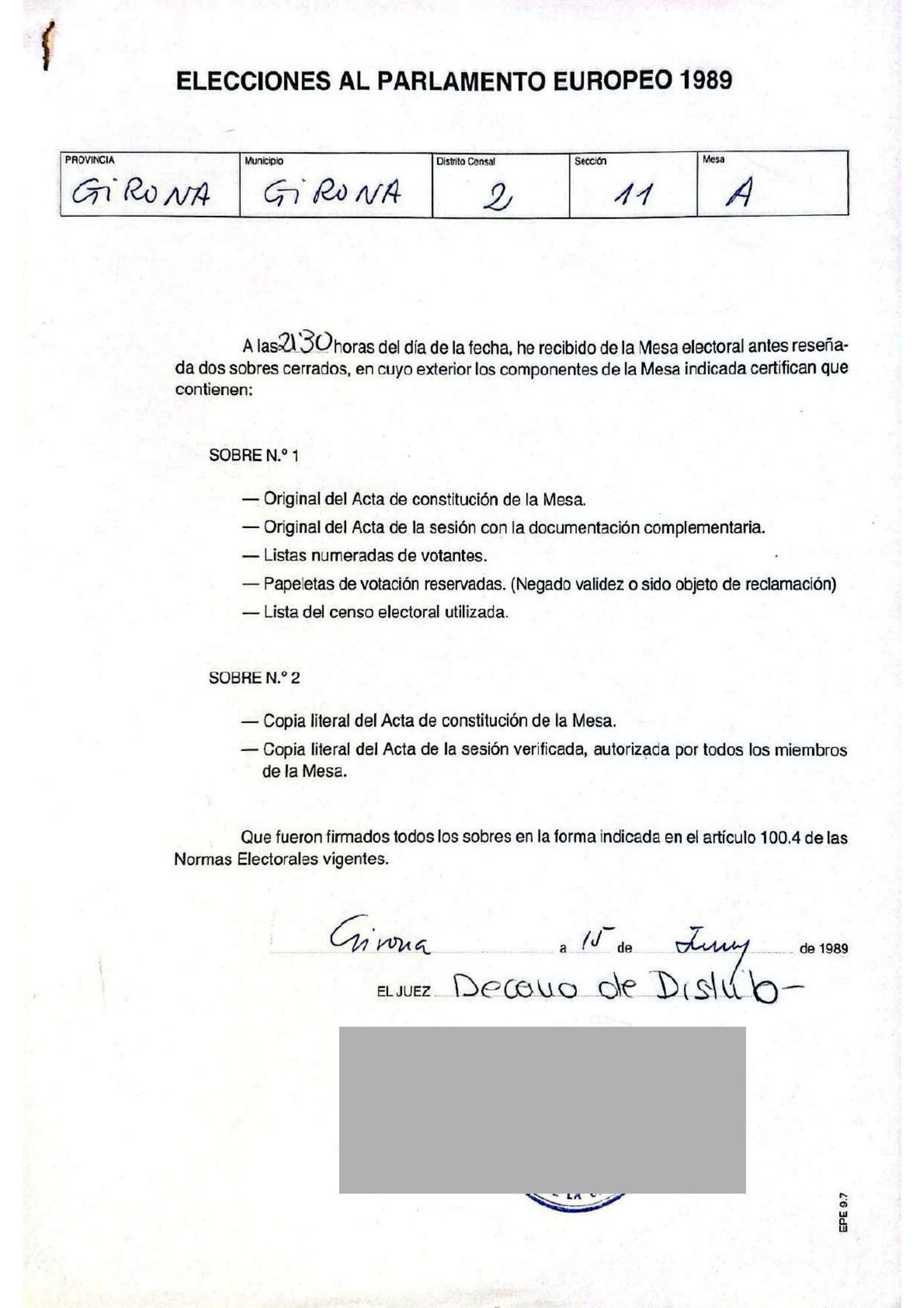 Acte portant constitution d&rsquo;un Bureau électoral pour les élections au Parlement européen tenues le 3 juin 1989.