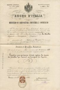 Brevet en Italie pour un système inventé par August de Muller pour empêcher la rupture des tonneaux de transport du vin.