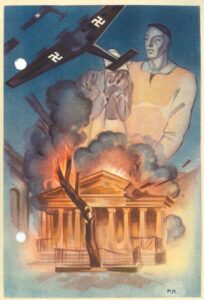 Carte postale avec une illustration du bombardement de la ville de Gernika, publiée par le Gouvernement basque