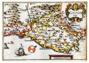 CATALOGUE/ Carte couleur de la Catalogne, fortement inclinée vers le bas. Elle fait partie de la Carte générale de la géographie royale.