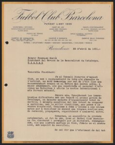 Lettre reçue par le président Macià du Futbol Club Barcelona, de son président, G. Rosés i Arús.
