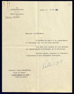 Lettre du Président de la République française Charles De Gaulle au Président de la Generalitat Josep Tarradellas i Joan