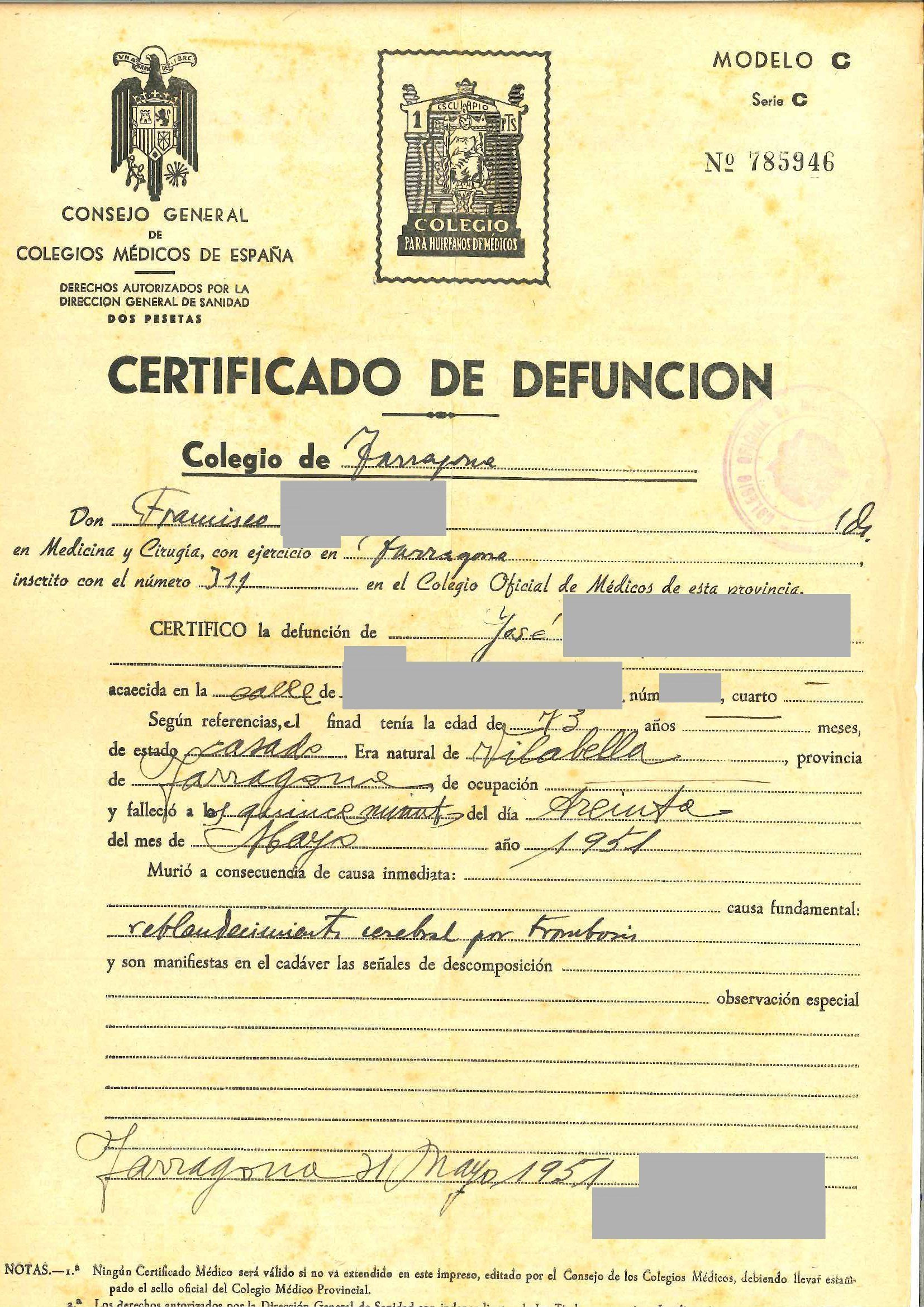 Certificat de décès de l&rsquo;année 1951 avec notice nécrologique radio intégrée