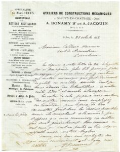 Lettre de A. Bonamy Successeur de A. Jacquin (Saint-Just-en-Chaussée) à la maison Cardona Hermanos (établie à Pont d'Armentera), le 31/10/1882
