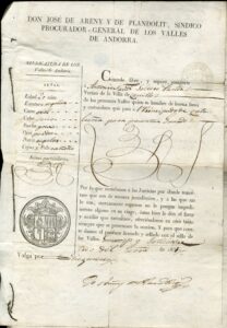 Passeport délivré par le Syndic Procureur des Valls d’Andorre à un paysan pour se rendre dans le Principat de Catalogne afin de faire paître son troupeau en 1831