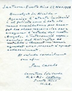 Lettre manuscrite de Pau Casals, écrite depuis San Turce (Porto Rico), adressée à Jaume Bofill Queraltó, maire de Vendrell. 22/11/1958.