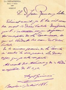 Lettre d'Àngel Guimerà à Joan Ramon i Soler. Barcelone, 1er juillet 1881.